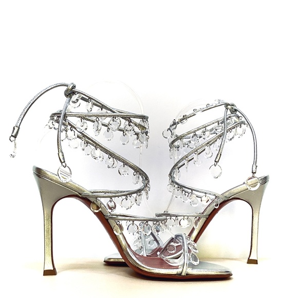 Amina Muaddi Tina Leather Ankle-Wrap Sandals With All Over Crystals-Appliques - Picture 12 of 15